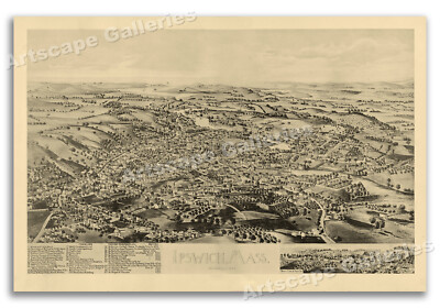 1893 Ipswich Massachusetts Vintage Old Panoramic City Map - 24x36