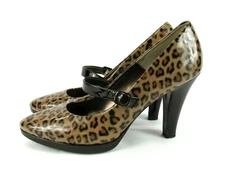 Sofft Womens Size 10 M Brown Cheetah Leopard Patent Leather Heels Mary Janes