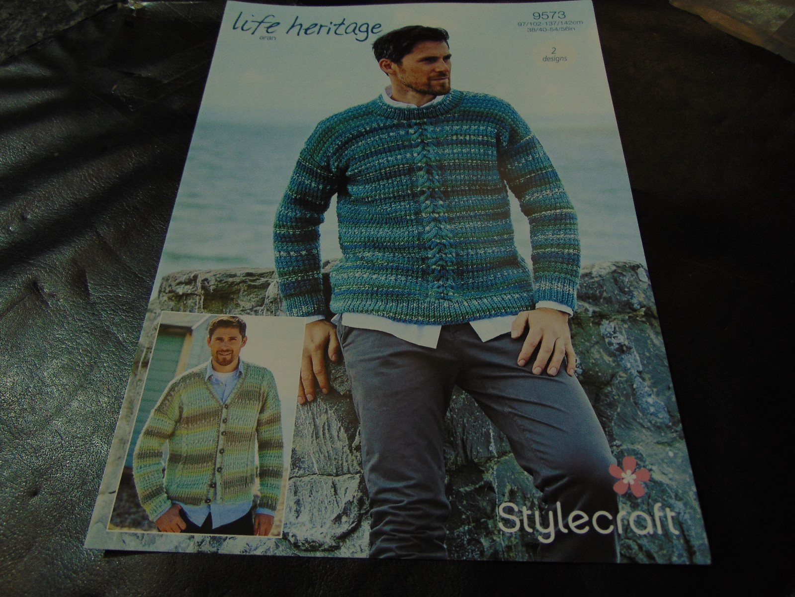 Stylecraft Mens Aran Pattern 9573 38/40 - 54/56 in 2 Designs Sweater & Cardigan