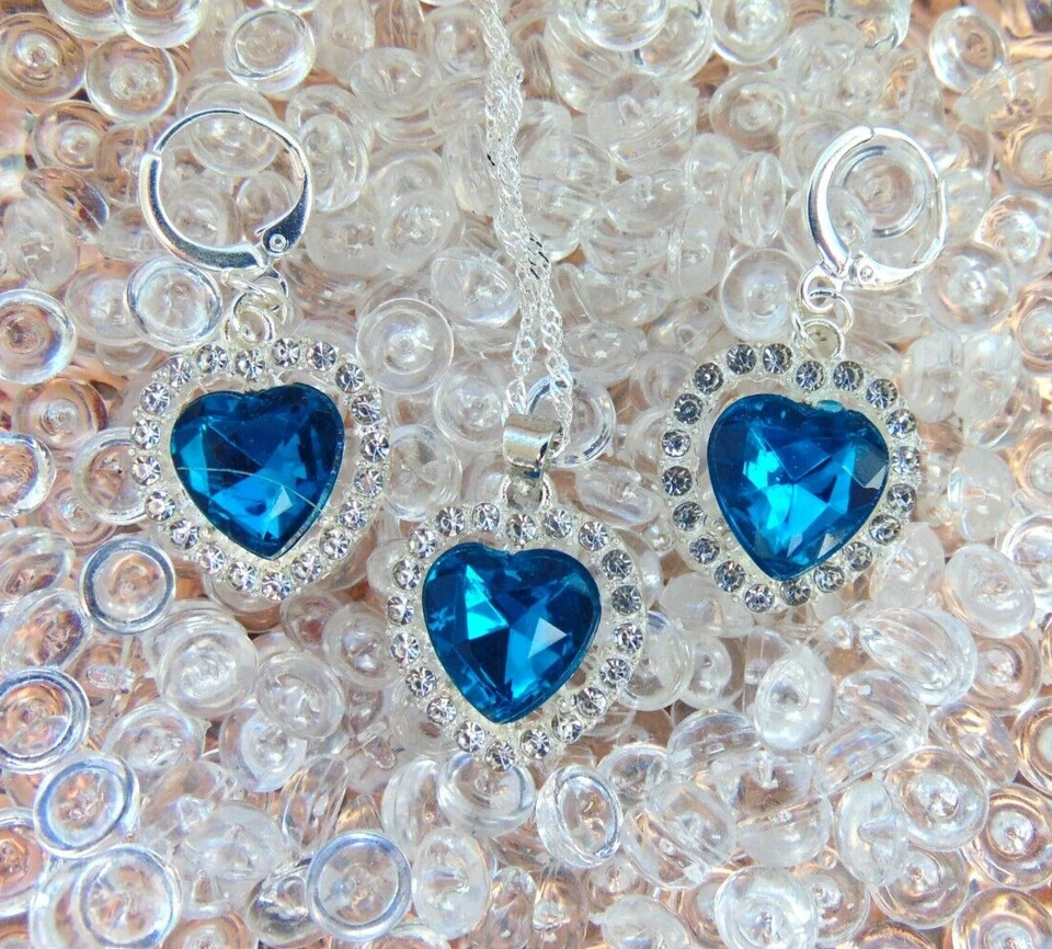 925 Silber Schmuck Set Herz Titanic Dunkel Blau Zirkon  Kette Anhänger Creolen - Bild 4 von 4