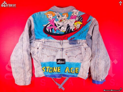 š„Vintage 80s-90s Levis Jetsons Acid Wash Patchwork Denim Jean Jacket Too Cute L - Picture 4 of 16