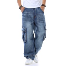 Men Casual Hip-Hop Denim Cargo Pants Baggy Jeans Loose Trousers Skateboard Chic