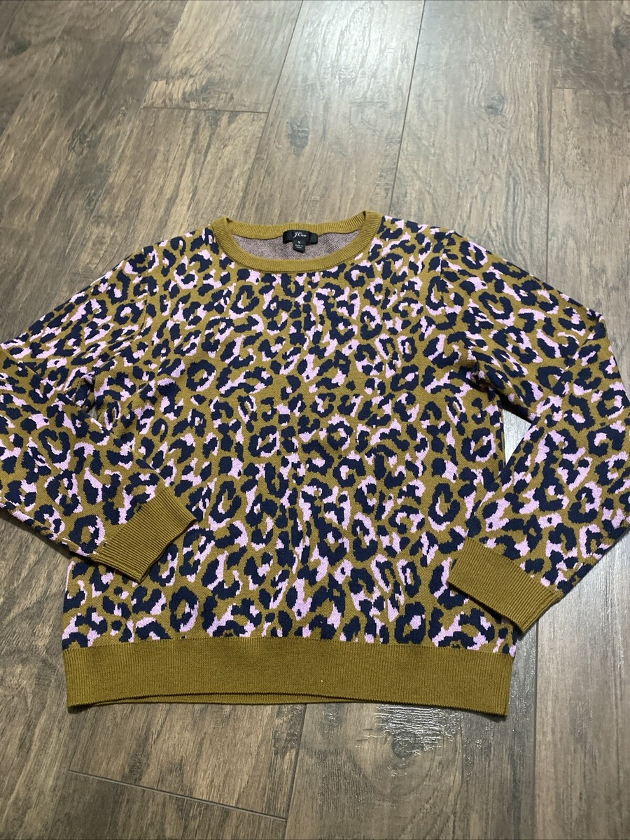 J Crew Women's Size Small Leopard Print Crewneck Sweater Navy Pink Wool  Blend