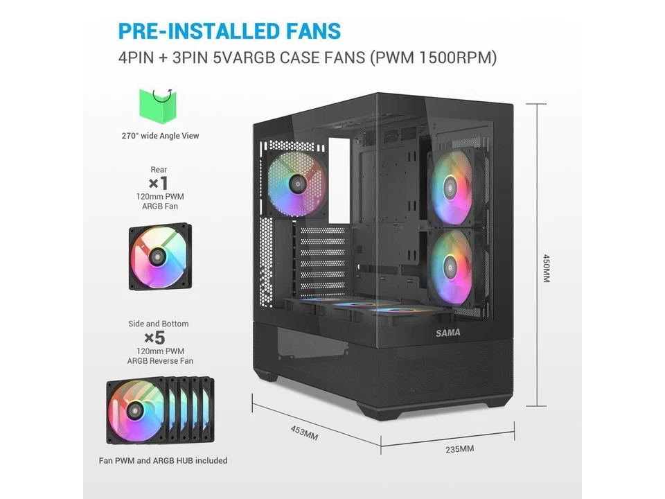 SAMA V40 Black ATX Mid Tower PC Case, 6 Pre-Installed 120mm ARGB PWM Fans, Dual - Image 2 of 4