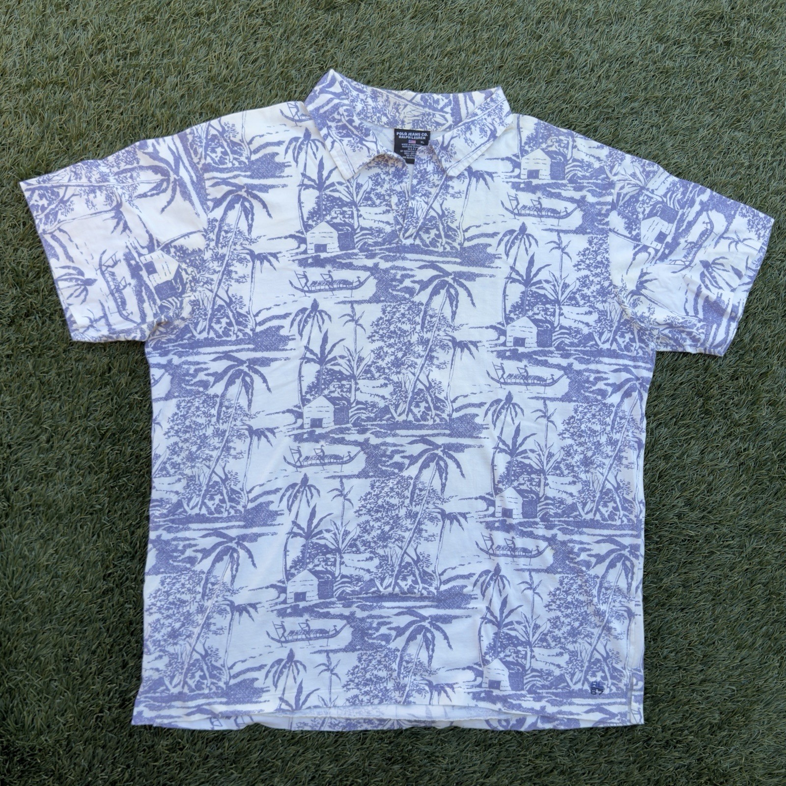 Polo Jeans Co Ralph Lauren Tropical Print Polo Shirt Blue Mens XL Vintage Y2K