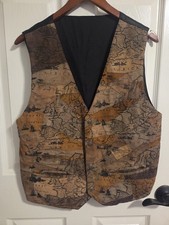 Vintage Patchwork Suede Leather Vest Brown World Map Atlas Pattern Size Medium