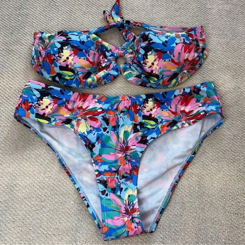 Bikini da bagno donna 2 pezzi taglia grande blu a fascia floreale top - Foto 11 di 11