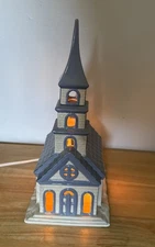 Vintage Byron Molds 1979 Ceramic White Gray Blue Church Light Christmas Village