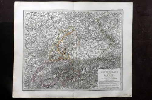 Stieler 1870 Map. Sudwestliches Deutschland und die Schweiz. Germany Swizerland