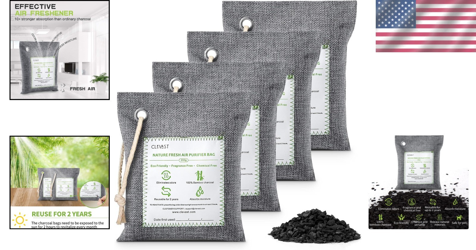 4-Pack Large Bamboo Charcoal Air Purifying Bags - 100% Natural Odor Eliminators