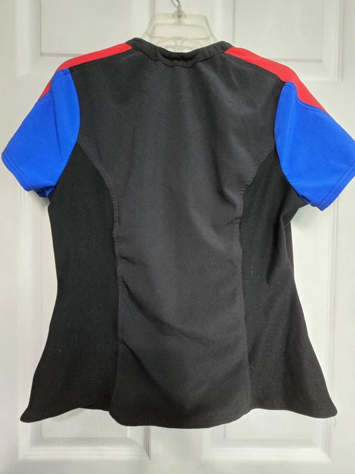 Cherokee IFLEX Scrub Top Size M-Black/Red/Blue Mid-Zip Front-Chest 22.5"/L 26" - Image 2 of 4