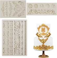 3 Piece Baroque Fondant Molds Scroll Border Lace Silicone Molds for Cake Decorat