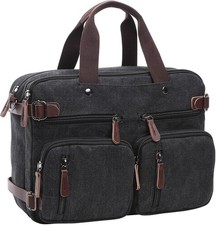 Canvas Laptop Briefcase Convertible Backpack Messenger Shoulder bag Black 
