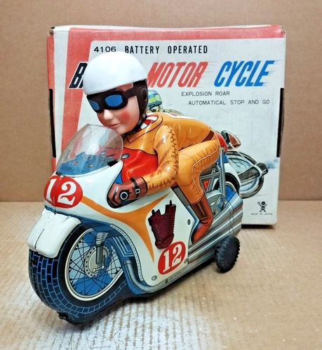 1960s RARE Vintage BANDAI Brrrn Motorcycle Battery Op Tin Toys Japan + BOX