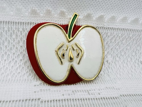 Vintage Crown Trifari Red White Enamel Gold Tone Apple Slice Pin Brooch 1-7/8"