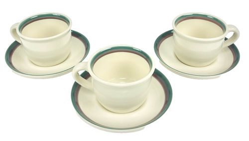 Pfaltzgraff Cups with Saucers Lot of 3 Juniper Pattern Cream Green Purple Border - Picture 12 of 12