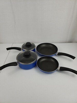 6 Pc Blue Bialetti Easy Nonstick Set 2 Skillets & 2 Pans w/ Lids for Sauce Pans