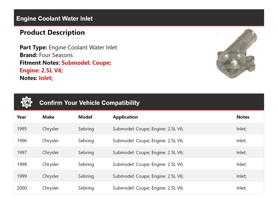 Entrada de agua refrigerante motor Chrysler Sebring 1995-2000 4 estaciones 1996 1997 Foto 2 de 4