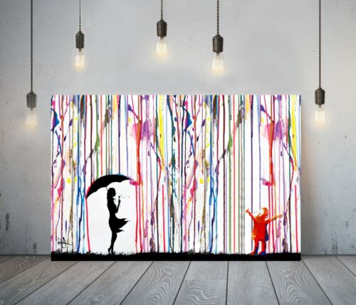 Banksy couleur de pluie fille parapluie 2-Deep encadrée Toile Wall Art Graffiti Imprimer - Photo 1 sur 8