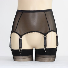 Allacki Stretchy Garter Belt 6 Straps Suspender Belt Sheer Mesh Girdle