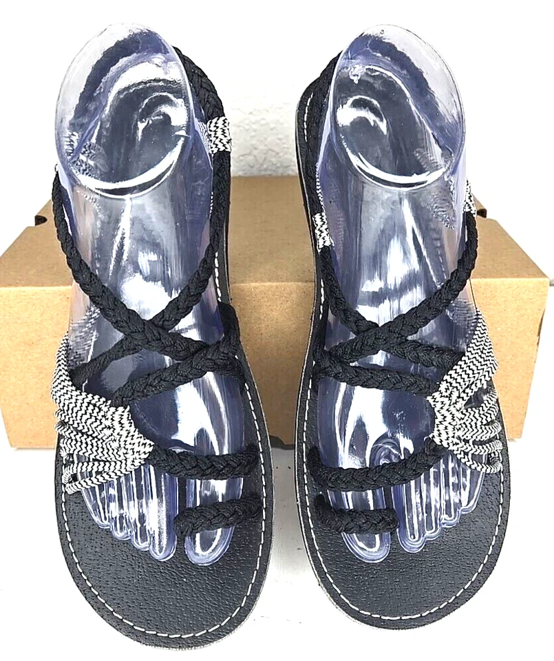 Sandalias planas para mujer Plaka hoja de palma talla 10 negras cebra playa boho (7) Foto 4 de 4