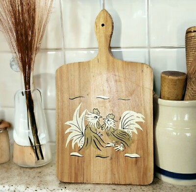 Vintage Retro Kitchen Cutting Board Roosters Chickens Midcentury Country Farm