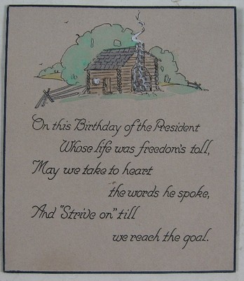 Nice 1920's Greeting Card Abraham Lincoln Log Cabin