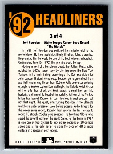 1992 Fleer Update - Headliners #3 Jeff Reardon - Bild 2 von 2
