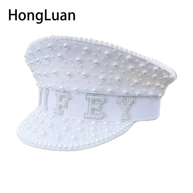 Фестиваль капитан шляпа регулируемый со стразами украшения армия крышка белый свадьбы вечеринки - Изображение 3 из 4