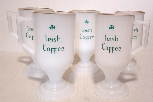 Set of 5 Vintage Milkglass Irish Coffee Mugs Pedestal Footed Gold Rimmed - Mint!