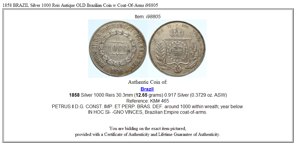 1858 BRAZIL Silver 1000 Reis Antique OLD Brazilian Coin w Coat-Of
