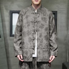 Uomo Floreale Velluto a Coste Manica Lunga Giacca Camicia Rana Bottoni Casual