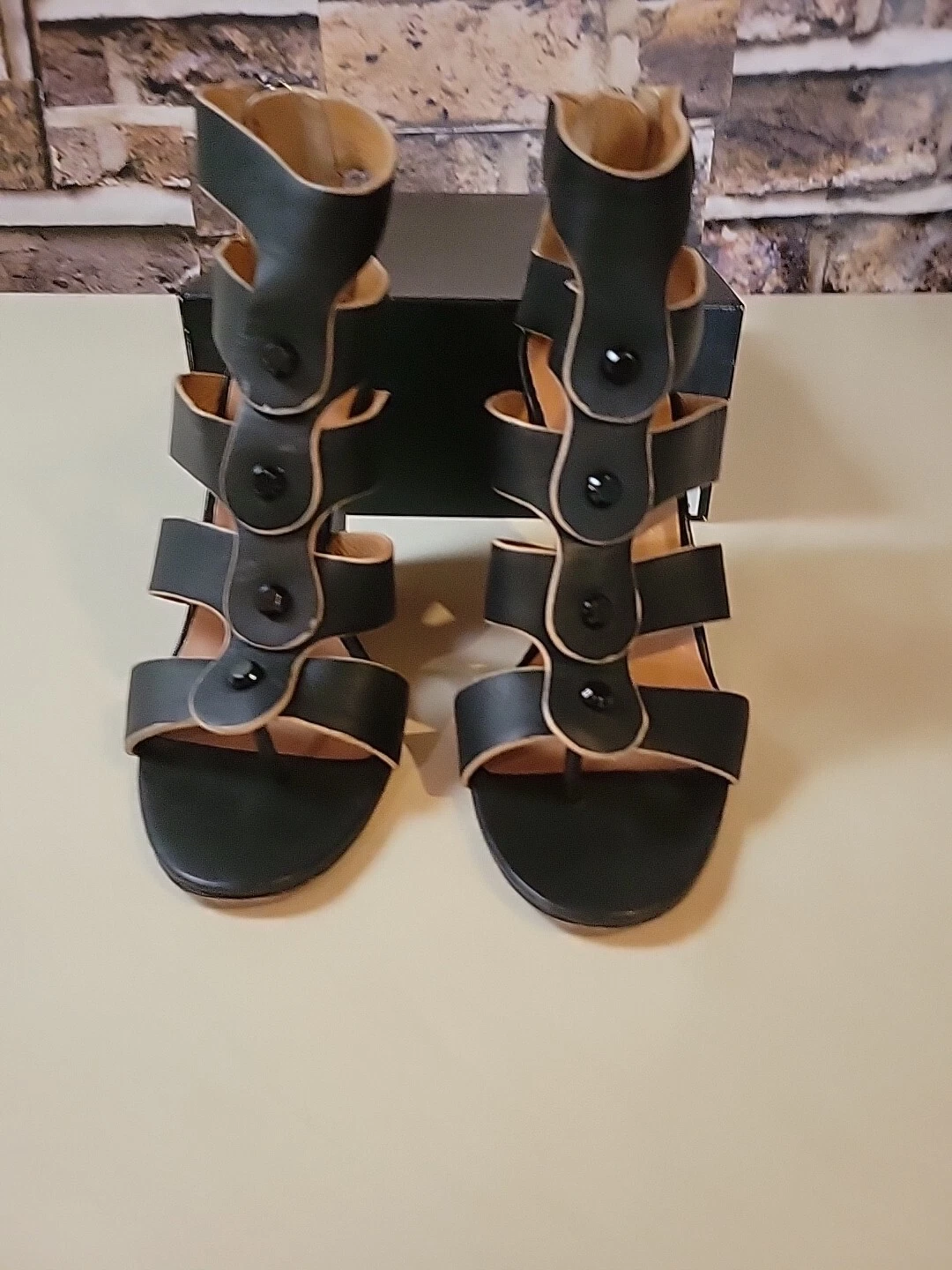 MBT Vintage L.A.M.B Miranda Gladiator Plateau Tacchi In Pelle Nera 8 5 G1772