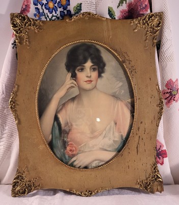 Antique Art nouveau frame, print of lady portrait 1920's Romantic Desch Print
