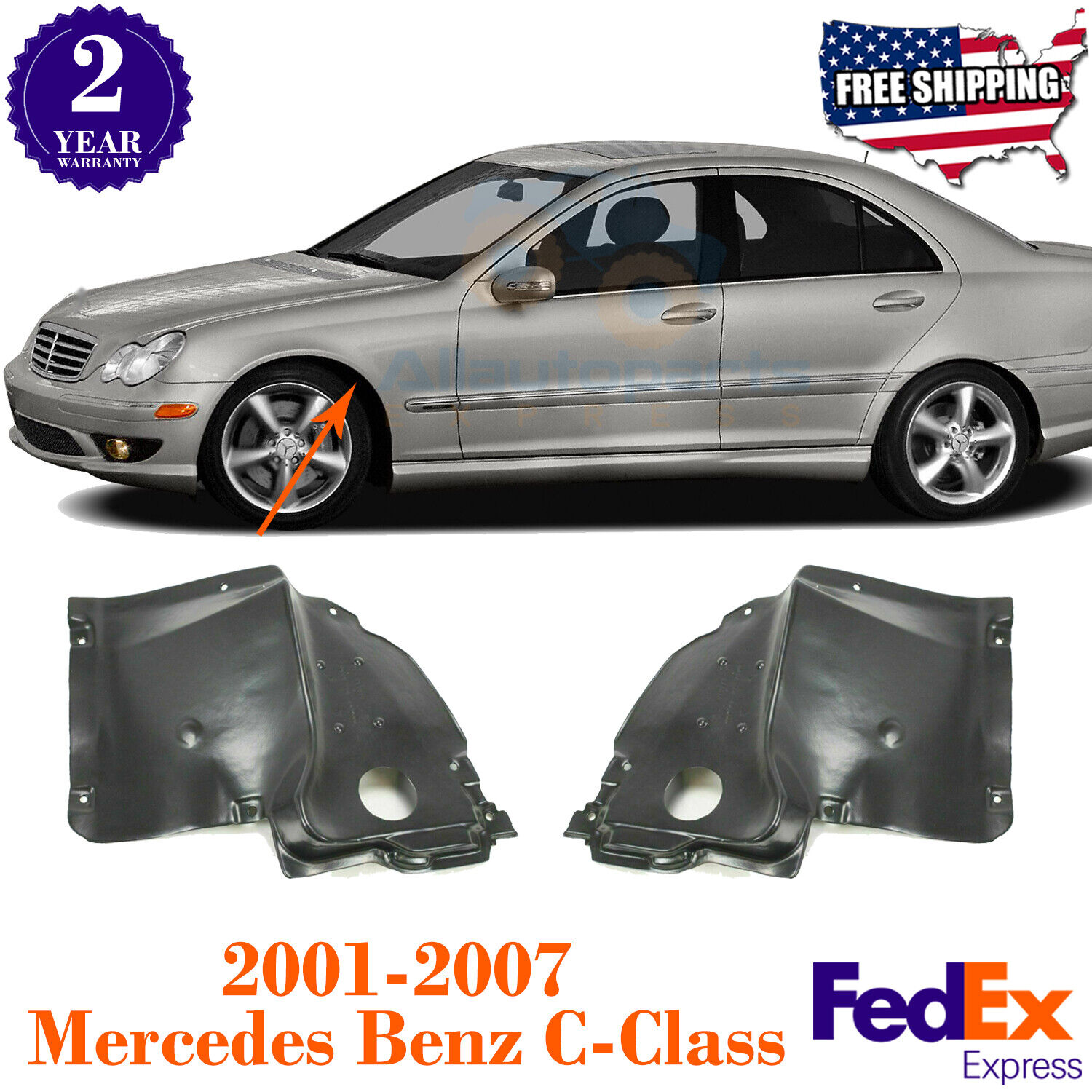 Fender Liners Front Lower Section For 2001 - 2007 Mercedes Benz C-Class