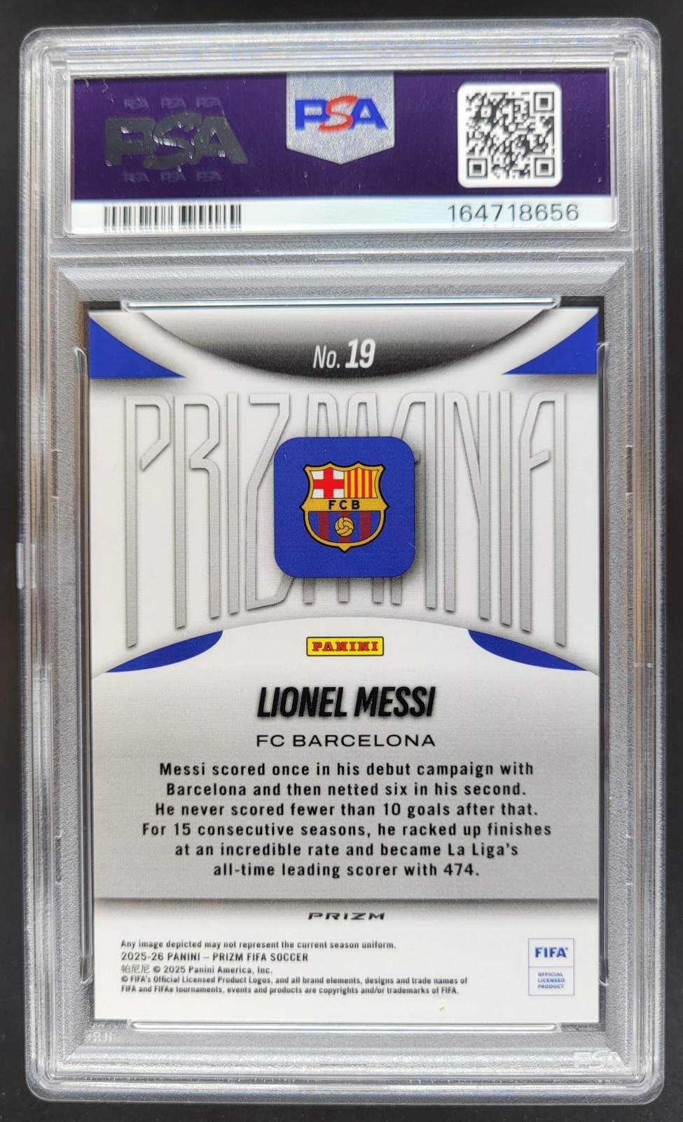 2025-26 Panini Prizm FIFA Lionel Messi Prizmania #19 SSP PSA 10 FC Barcelona AK3 view 2