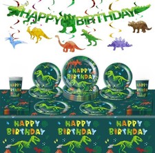 Dinosaur Themed Birthday Party Table Set With Happy Birthday Banner.