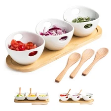 Chip and Dip Serving Set Dipping Sauce Bowls Divided Serving Dishes with Wood...