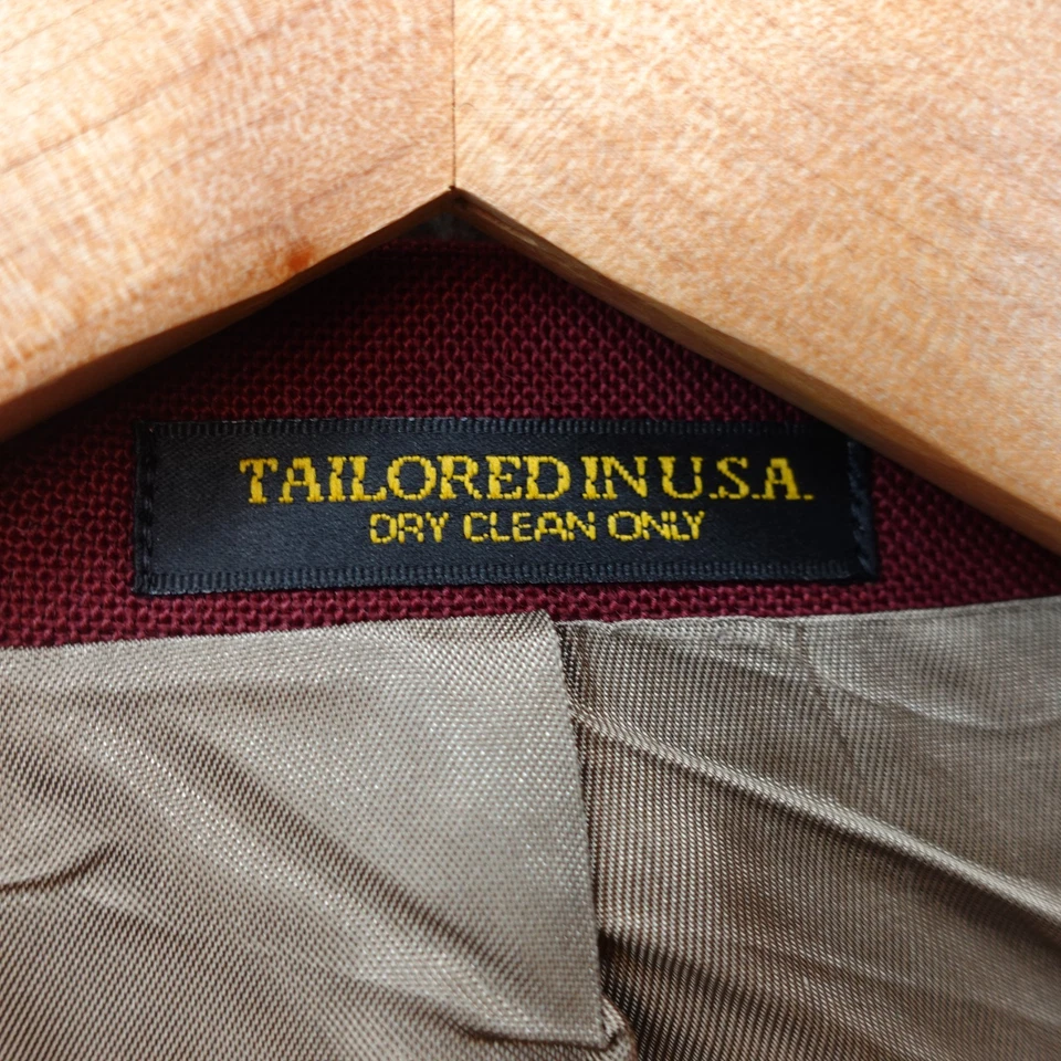 USA Made Hopsack Wool Blazer Mens 46R Burgundy Solid Gold Button Tailored Jacket - Image 4 of 4