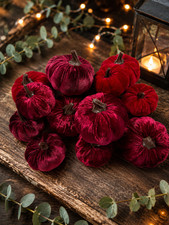 Lot of 15 New Velvet Fabric Pumpkins CRANBERRY  RED Luxe Thanksgiving Decor