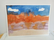 Landscape Watercolor Original Painting blue orange purple mountains Unframed