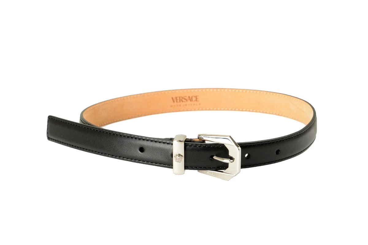 Versace Black 100% Leather Silver Medusa Head Logo Decorated Belt US 22 IT 55 Versace Black Leather La Medusa Head Decorated Buckle Belt  main image 3