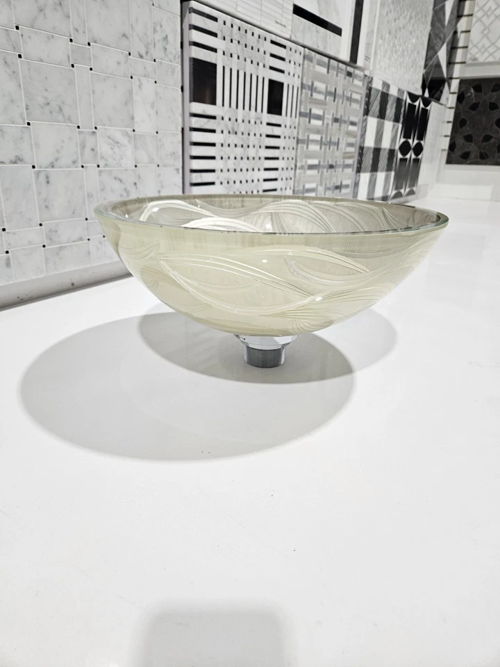 Recipiente de vidrio transparente lavabo de baño cuenco redondo borde verde con grifo y desagüe Foto 4 de 4