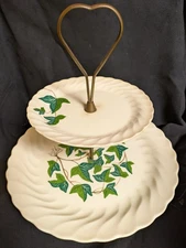 Vtg Retro 2 Tier Serving Tray Heart Handle  English Ivy Motif Vtg Tidbit Tray