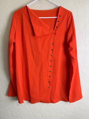 Womens Amoretu Orange Asym Neck Button Down Long Sleeve Top New S 5892