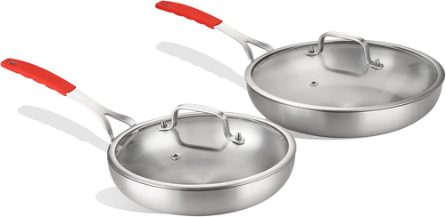 Tri-Ply Stainless Steel Frying Pan Set with Lid 8" 12" Large Skillets Induction