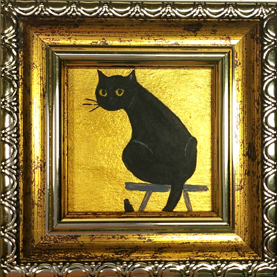 #ad Minі painting a black cat on a chair Framed Funny cat hand painted $30.00