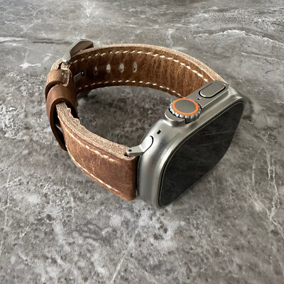 Premium Leather Thick Rustic Brown Watch Strap Band For Apple Watch Ultra 2 49mm