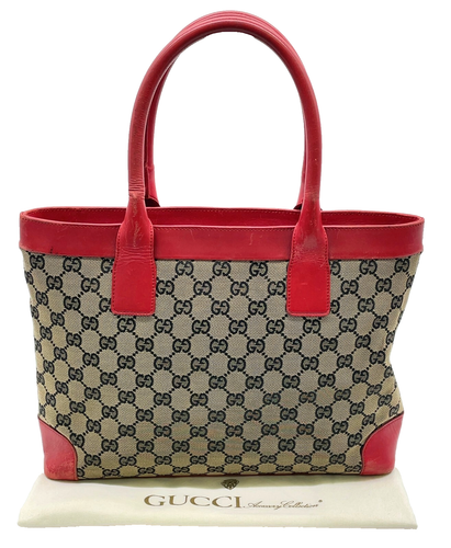 Authentic Gucci GG Canvas Red Beige 002.11191705 Hand Bag NS040835