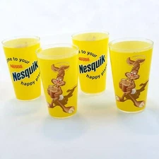 Lot of 4 Nestle Nesquik Rabbit Chocolate Milk Yellow Plastic Tumbers Vintage 
